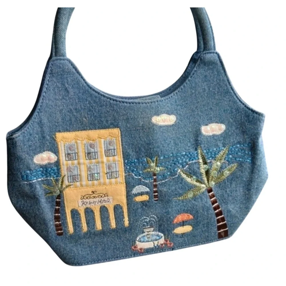 Forever by Fossil Denim Embroidered Forever Hotel Sequin Tropical Handbag Blue